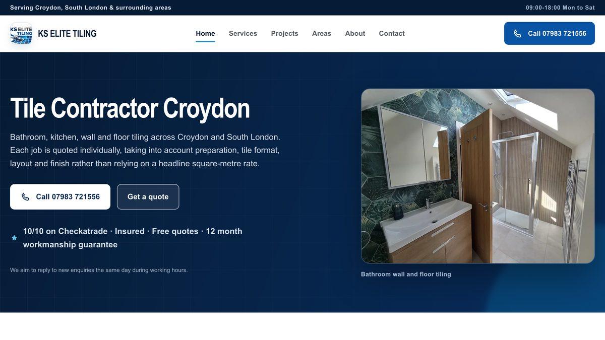 The KS Elite Tiling homepage, headed Tile Contractor Croydon.